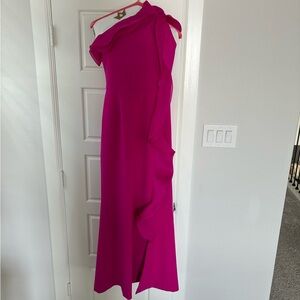 Teri Jon Fuchsia One-Shoulder Ruffle Gown
